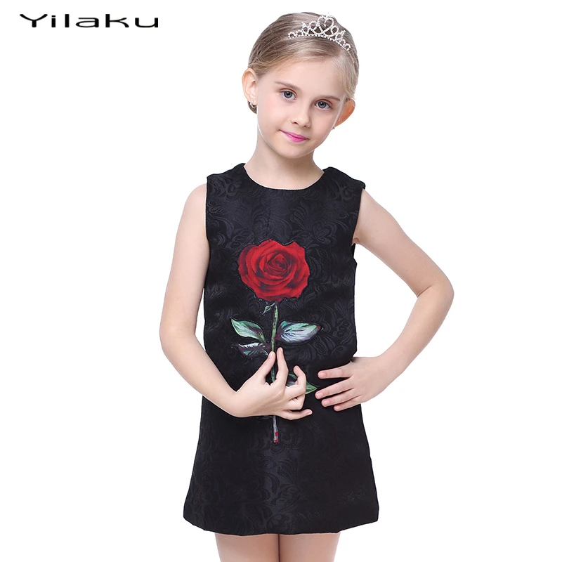 

New Arrival Baby Girls Party Frocks Rose Floral Cotton Blend Sleeveless Knee-Length Dresses For Children Kids Formal Dress CA301