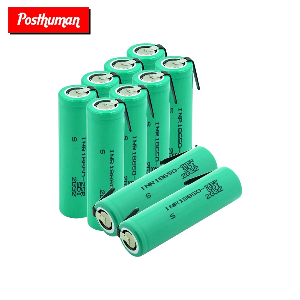 Высокая дренажная 20А INR 18650-25R батарея 3,7 V 2500mAh перезаряжаемая с полосками припаянные батареи для высокого тока+ DIY никель