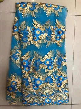 

African French Lace Fabric High Quality African Tulle Lace Fabric For Wedding Beaded French Lace Fabric 3D Flower Sky Blue Gold