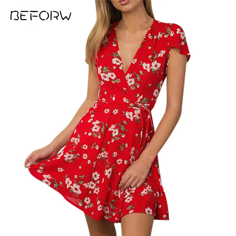 BEFORW 2018 Floral Print Boho Summer font b Dress b font font b Women b font