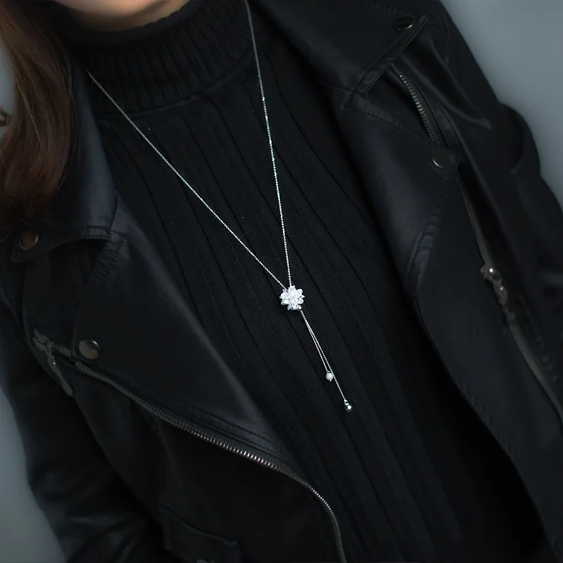 women's Real. 925 Sterling Silver snowflake Flower &ampLucky Bead Sweater long Necklace Y Lariat tassel Necklaces GTLX1210 | Украшения