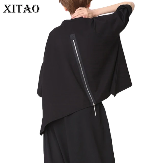 US $8.97 XITAO Back Zippers Black Women T Shirt patchwork Plus Size Casual O Neck Half Batwing Sleeve Tide K
