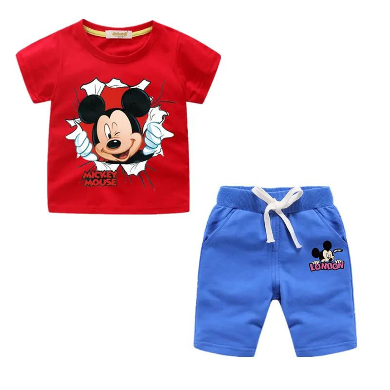 Летняя детская одежда хлопковая футболка с короткими рукавами и рисунком Микки Мауса топ+ шорты для отдыха комплект из 2 предметов, комплекты одежды для мальчиков и девочек, От 2 до 8 лет - Цвет: as picture