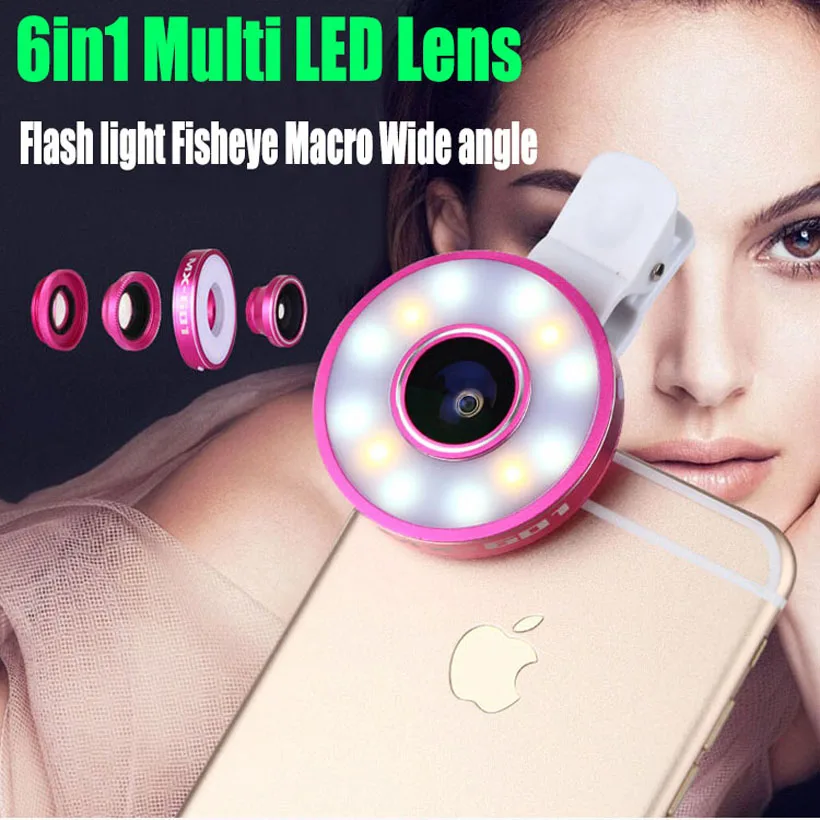 6in1 LED Flashlight Fisheye Fish Eye Lenses Wide Angle Macro Phone Lens