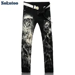 Sokotoo Для мужчин модные Скелет Череп Печатные джинсы мужской slim fit Черные джинсы длинные брюки