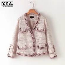 Лидирующий бренд Для женщин розовый блестками жемчуг твидовое пальто Высокое качество Демисезонный Элегантный Тонкий с длинным рукавом v-образным вырезом Вечерние Куртка Верхняя одежда
