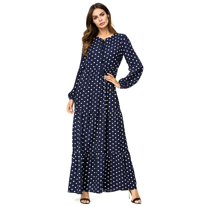 ShejoinSheenjoy Dot Print Autumn Long Sleeve Maxi Dresses Muslim Abaya Boho Tassel Casual Women Long Dress Pluse Size Clothing Dresses