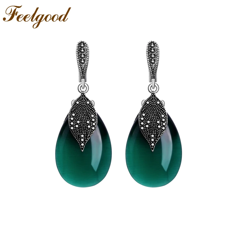 

Feelgood Silver Color Vintage Jewelry Black Crystal And Green Opal Natural Stone Drop Earrings For Women Wedding Party Gift