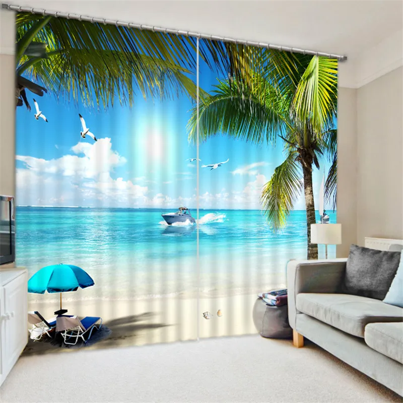 

3D Window Curtain Beautiful beach print Luxury Blackout Living Room Bedroom Drapes Cortinas Rideaux Customized size pillowcase