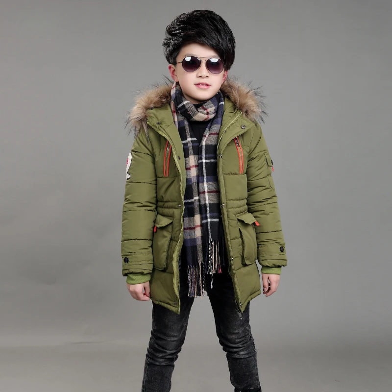 

boys winter jacket 5-15 years old kids long down coats Hooded fur collar thick warm big pocket Zipper stars chidlren's parka