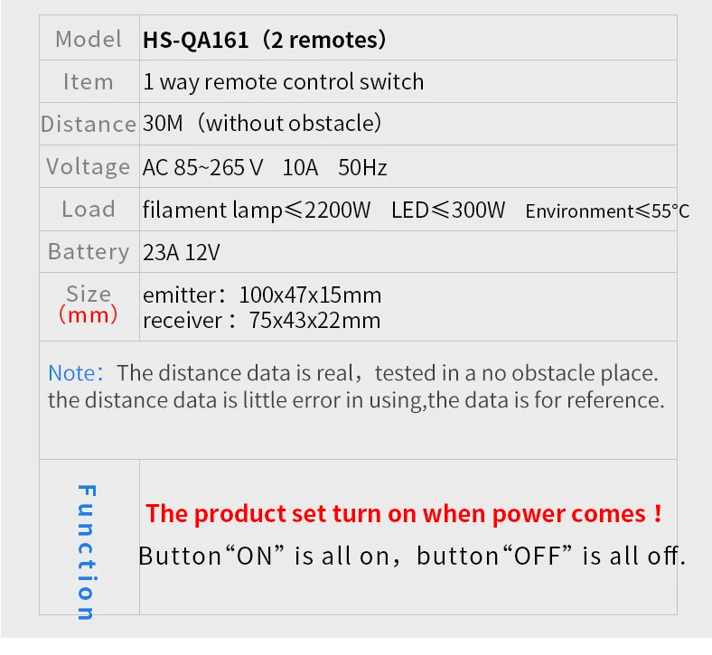 HS-QA161 1302W 2N1 1Ch RF Беспроводной пульт дистанционного управления подходящий для 220V и 110V