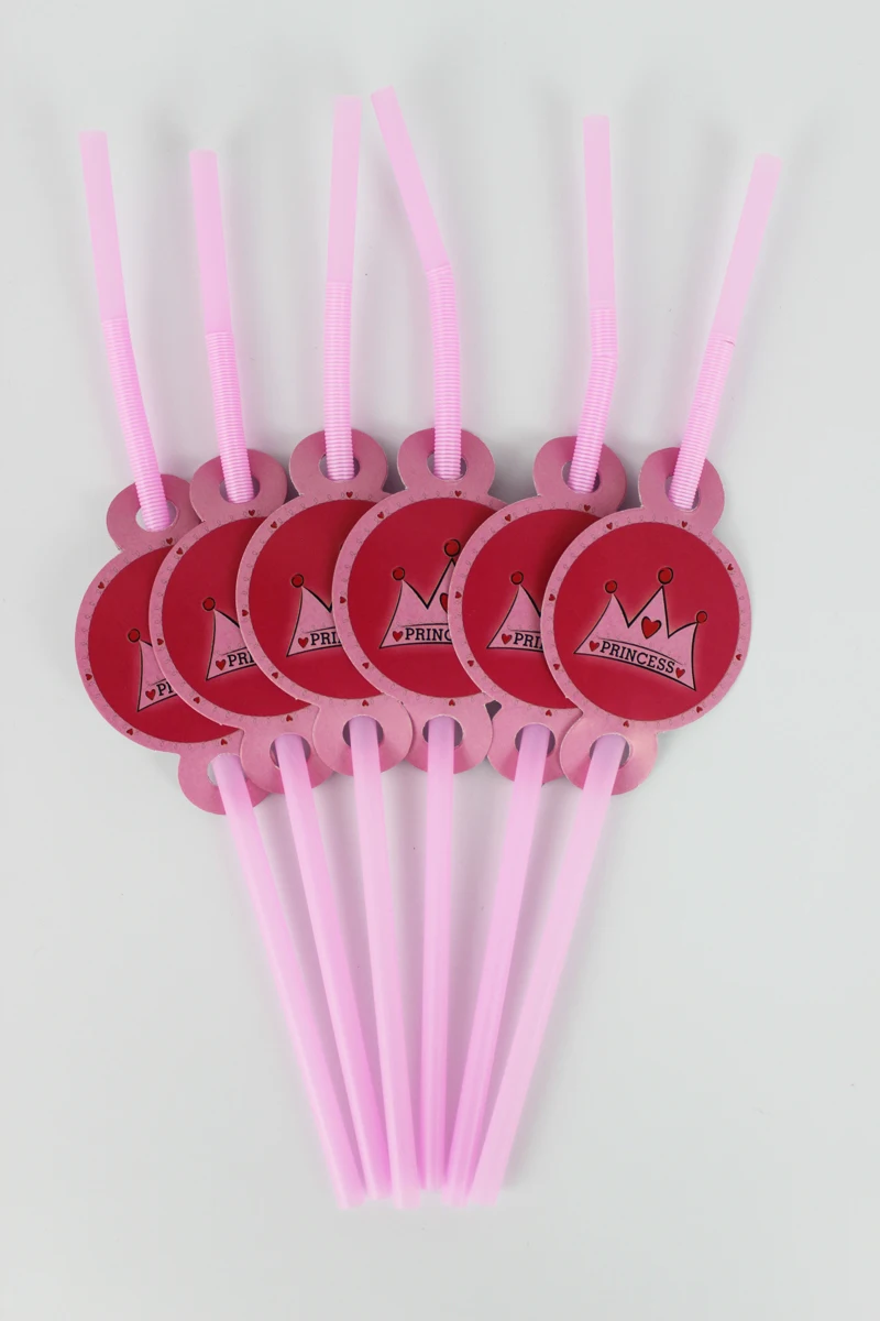 

12pcs Cartoon Pattern Pink Girl Crown Princess Decoration Disposable Tableware Drinking Straws Party Supplies