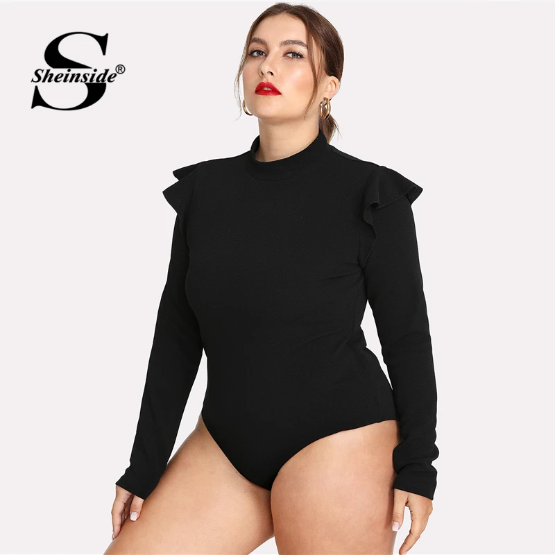 Sheinside زائد حجم عادي أسود حامل طوق عمال ارتداءها مكتب السيدات كم طويل تمتد كشكش النساء الخريف داخلية Sheinside زائد حجم عادي أسود حامل طوق عمال ارتداءها مكتب السيدات كم طويل تمتد كشكش النساء الخريف داخلية