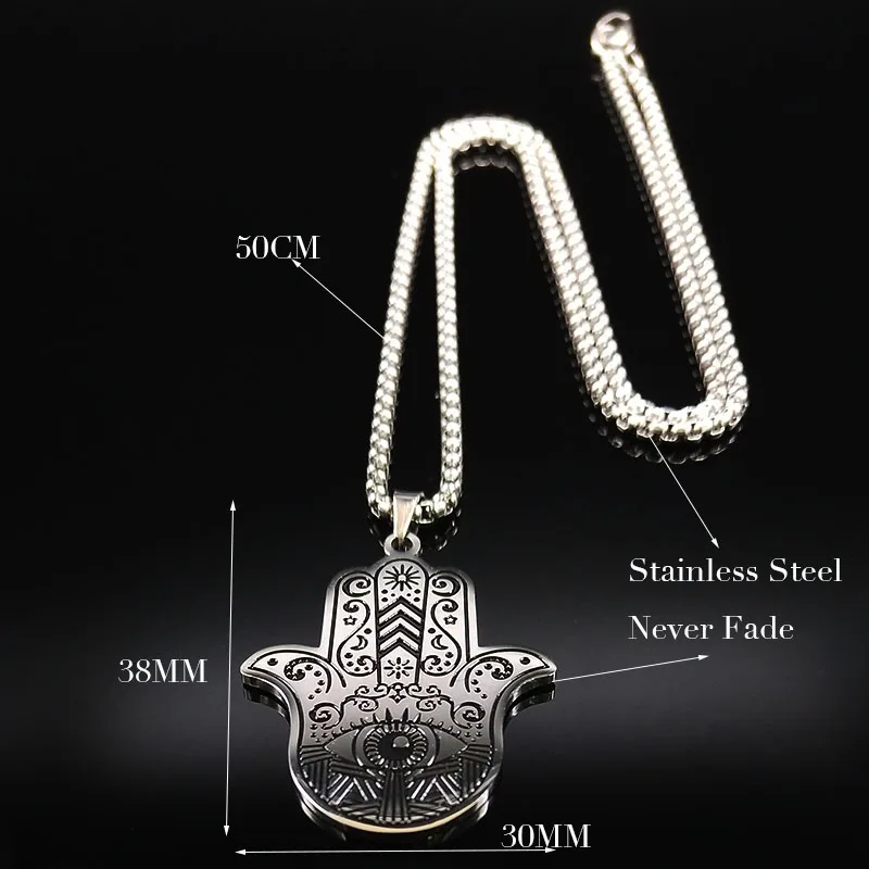 2020 Hamsa Hand Stainless Steel Necklaces Men Black Silver Color Necklaces Pendants Jewelry collier homme N18536 - Image 6