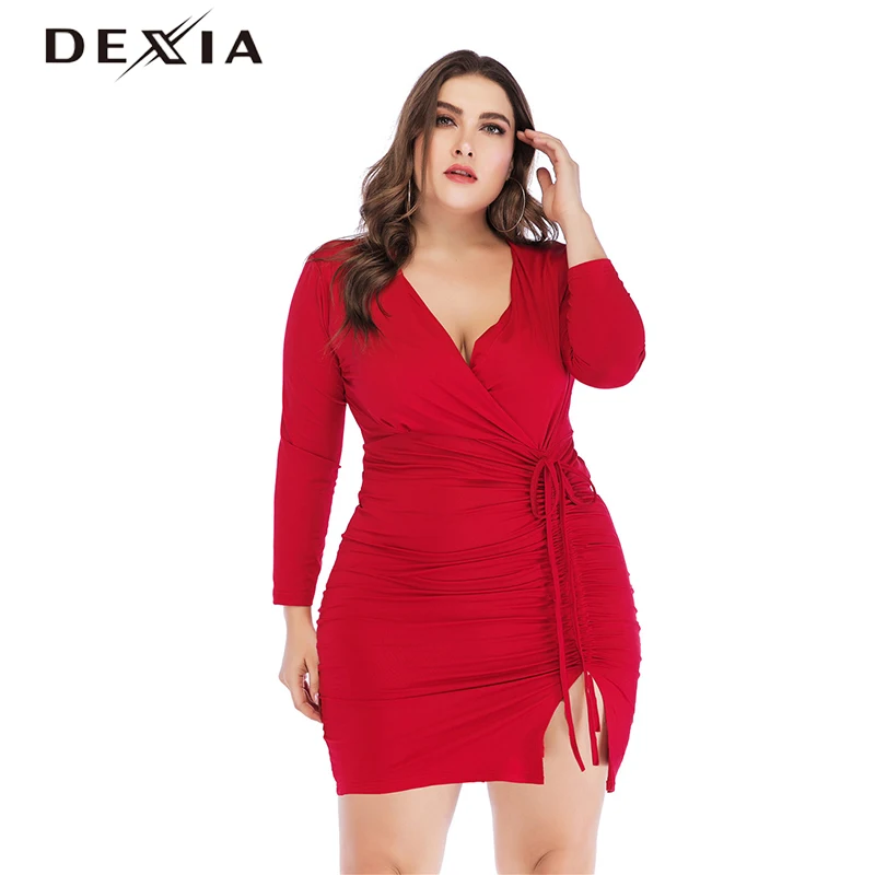 

DEXIA Spring Plus Size 3XL 4XL 5XL Lace Up High Waist Dress Women Full Sleeve Party Red Black Purple Mini Beach Dresses Femme