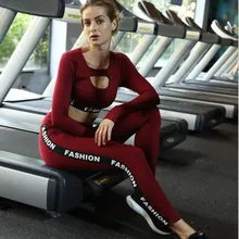 Женский сшитый спортивный костюм, открытая Сексуальная футболка с длинным рукавом для йоги+ спортивные Леггинсы, колготки для бега, спортзала, фитнеса, йоги, комплект, спортивный костюм