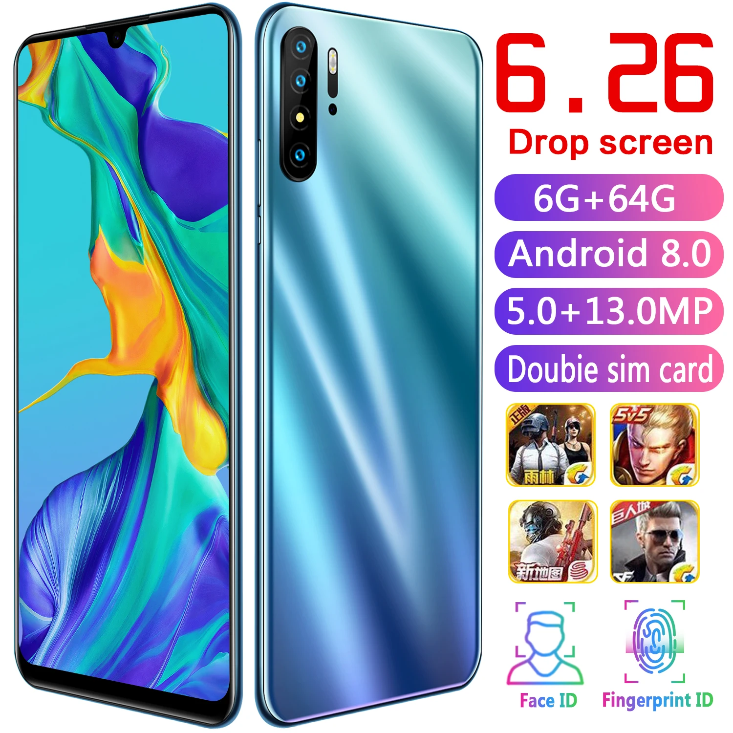 New Gobal Mobile Smart Android Phone P30 Pro 6.26'' HD Drop Screen 6GB+64GB CHAOAI 3g Smartphone