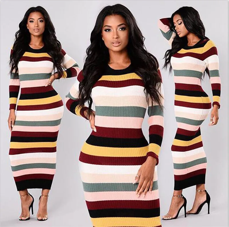 Autumn Long Sleeve Sexy Bodycon Dress Knitted Striped Maxi Dresses Slim Wrap Pencil Dress Christmas Clothes Vestidos02