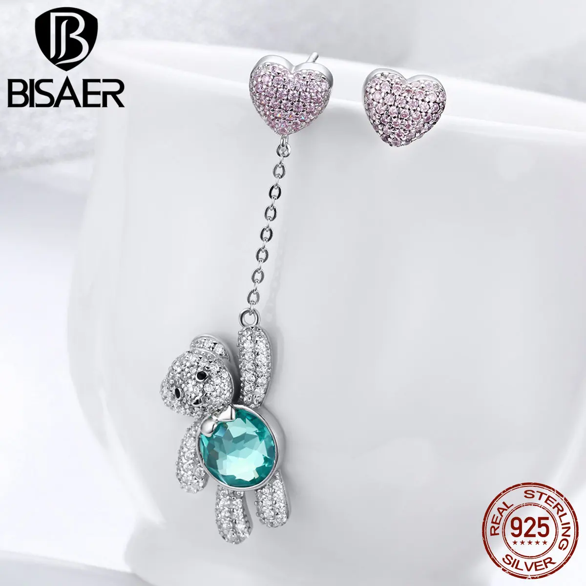 

Fashion 925 Sterling Silver Crystal Bear Pink Heart Animal Stud Earrings for Women Earrings 2019 Jewelry brincos bijoux ECE388