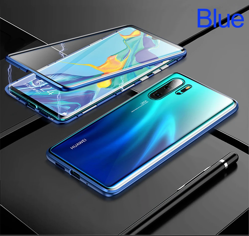 Магнитный чехол для huawei P30 Pro, полный корпус, защитный, роскошный, 360 поглощение, водонепроницаемый, закаленное стекло, покрытие, Funda, изогнутая поверхность - Цвет: blue