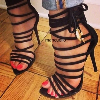 

Charming Black Rope Style Thin High Heel Sandals Sexy Women Open Toe Stiletto Heels Dress Sandals Pretty Ankle Wrap Lace UpShoes