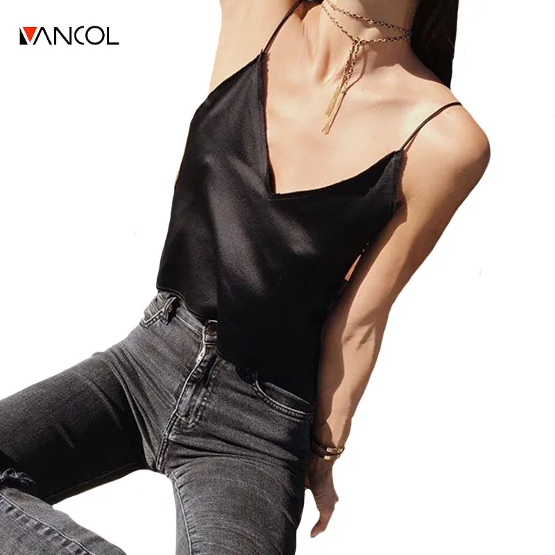 Vancol fashion v neck loose camisole tank black slik women tops white