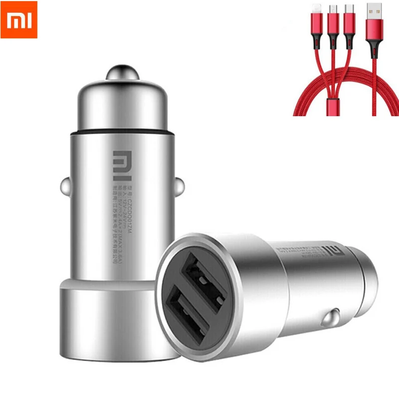 

Original Xiaomi Car Charger With 3in1 Cable Dual USB 5V/3.6A Quick Charge Metal For iPhone Samsung Phone Tablet PC Universal