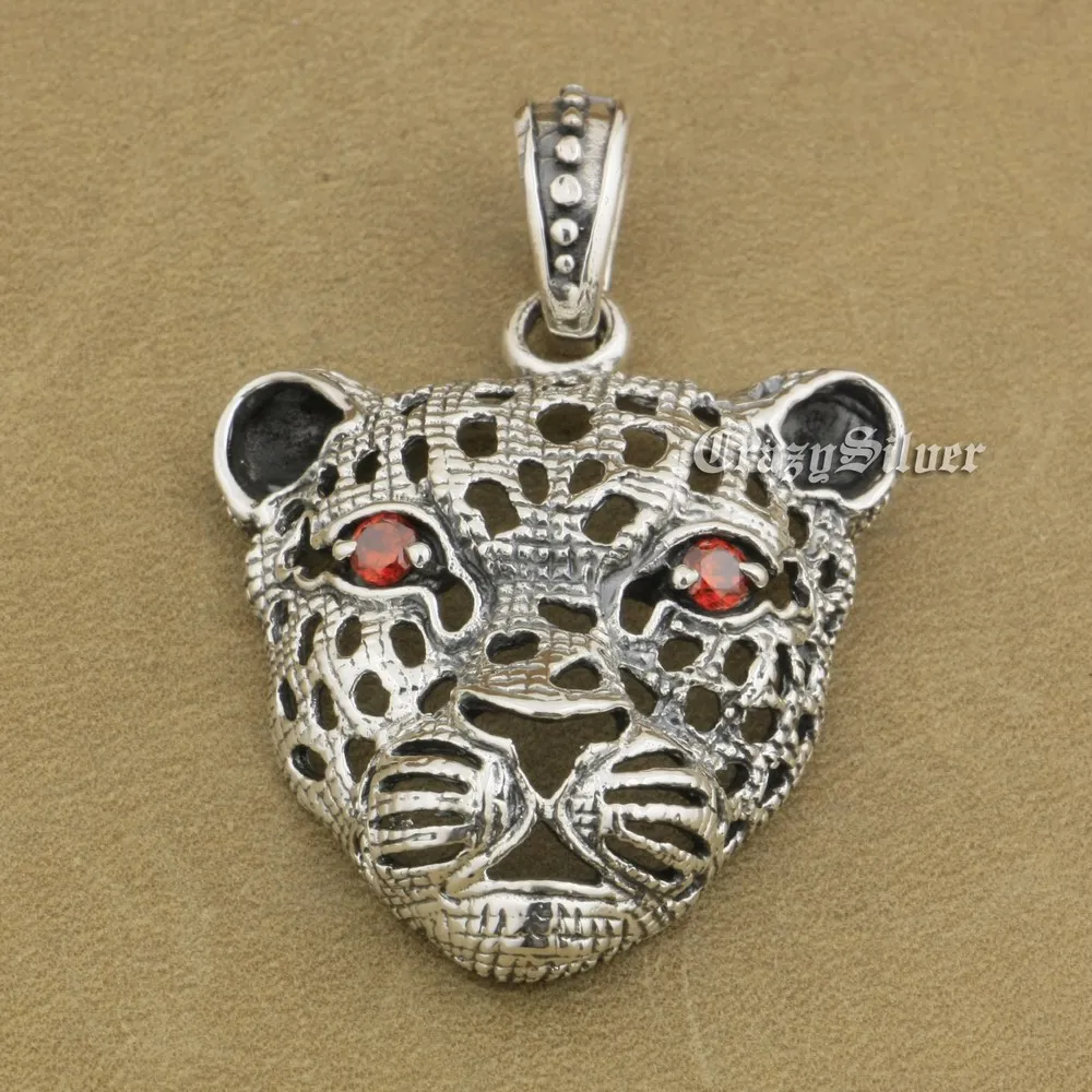 

925 Sterling Silver Red CZ Eyes Hollowed Leopard Biker Punk Pendant 8A036A 24