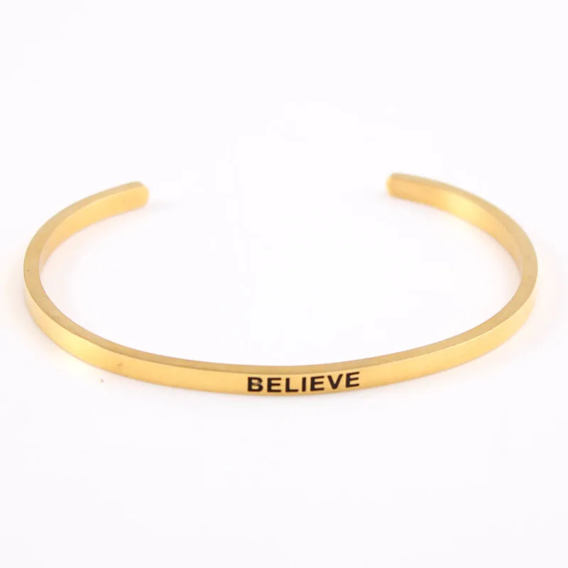

"BELIEVE" Hot New Bands Engrave Stainless Steel Open Cuff Bracelet Inspirational Bangle Mantra Bracelet