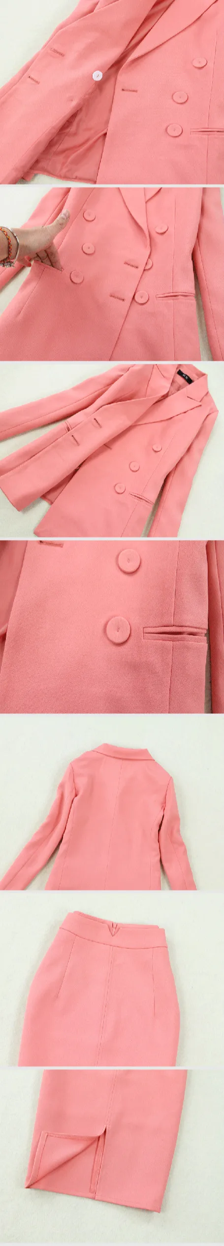 Женские костюмы, осень, новинка, женский двубортный розовый костюм большого размера, куртка, сумка на бедрах, полудлинная юбка, комплект из двух предметов