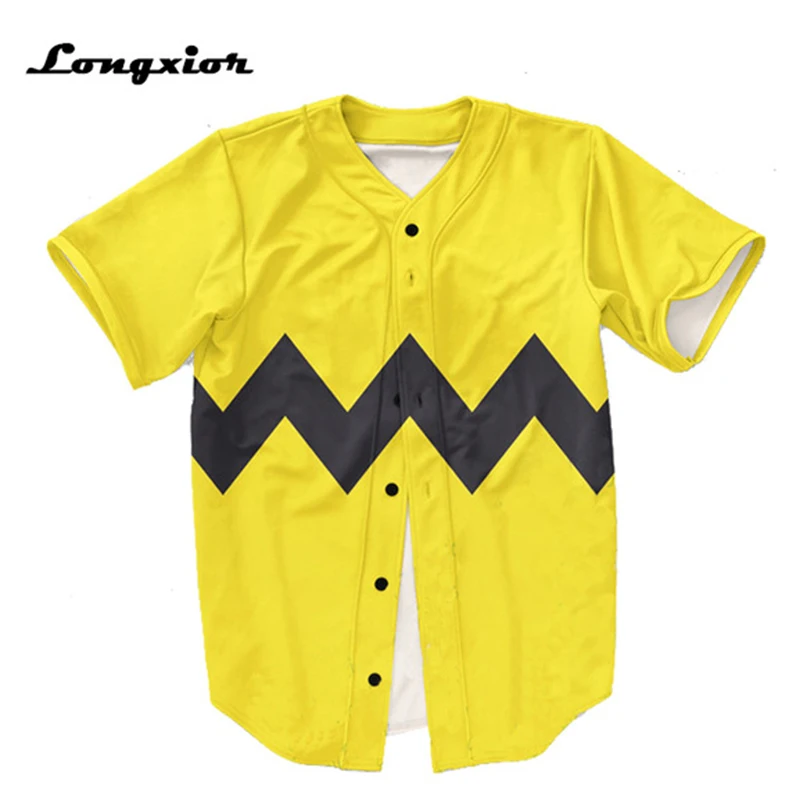 yellow Mens Buttons Homme Baseball Jersey US size 3D black stripe Shirt ...