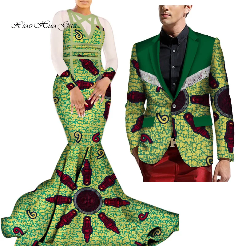 African Mermaid Bazin Riche Dresses for Couples Dashiki African Couple Clothing Women's Dress+Men's Blazer 2 Pieces Set WYQ275 - Color: 5