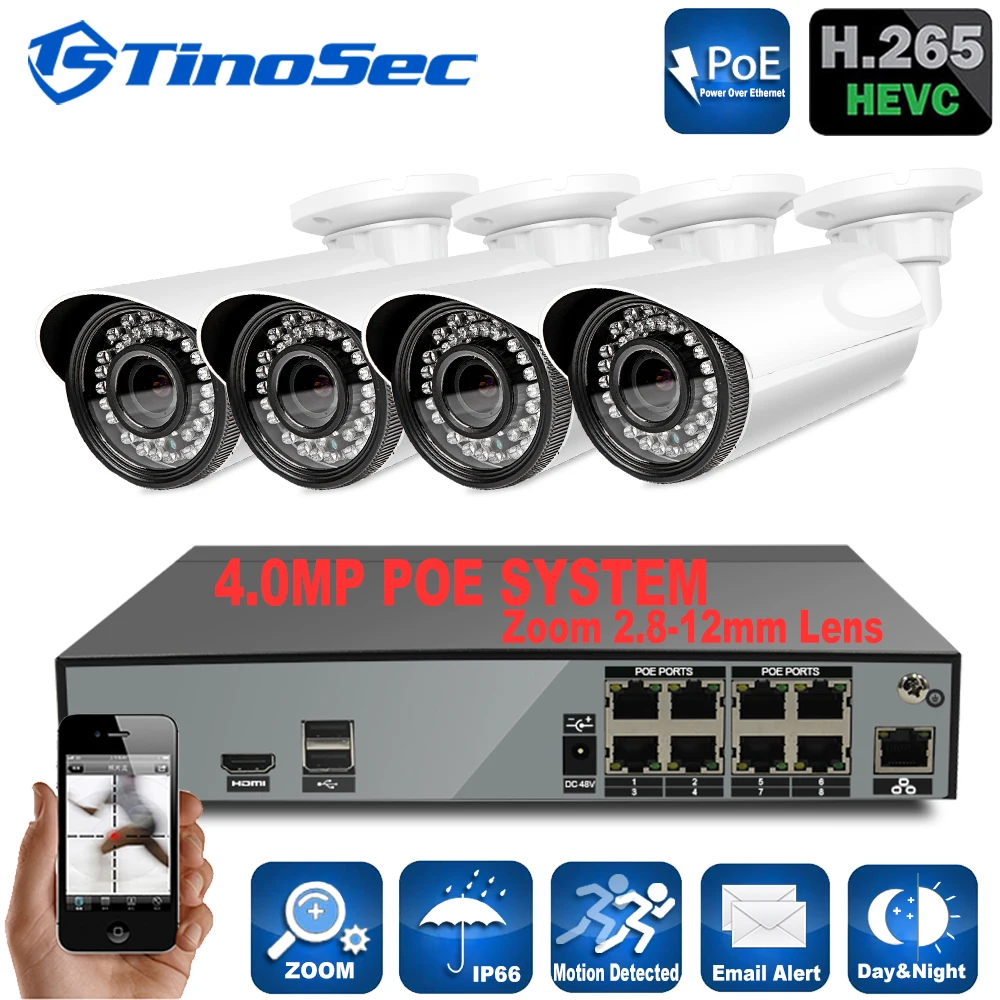 8CH 4PCS 1080P 4.0MP POE Kit Full HD Onvif 1080P 48V Real PoE NVR Video Recorder PoE IP Cameras P2P Cloud Service CCTV System