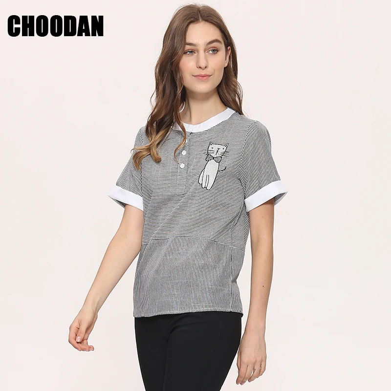 Рубашка в полоску Женская летняя с коротким рукавом новинка 2018|embroidery shirt|blouse shirt