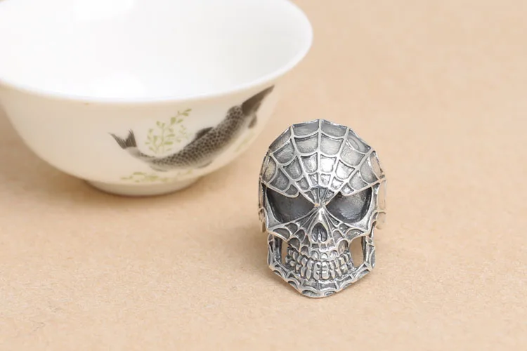 

S925 sterling silver retro Thai silver skull Spider-Man ring men's section punk personality ring J142