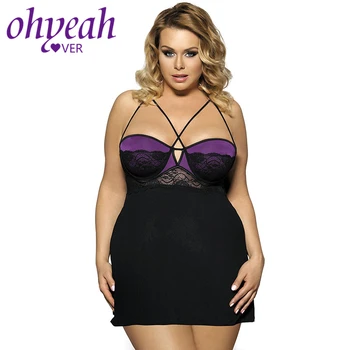 

Ohyeahlover Bunny Costume Sexy Babydoll Intimo Donna Sexy Hot Lingerie RM80056 Plus Size Purple Lace Stitching Halter Babydoll