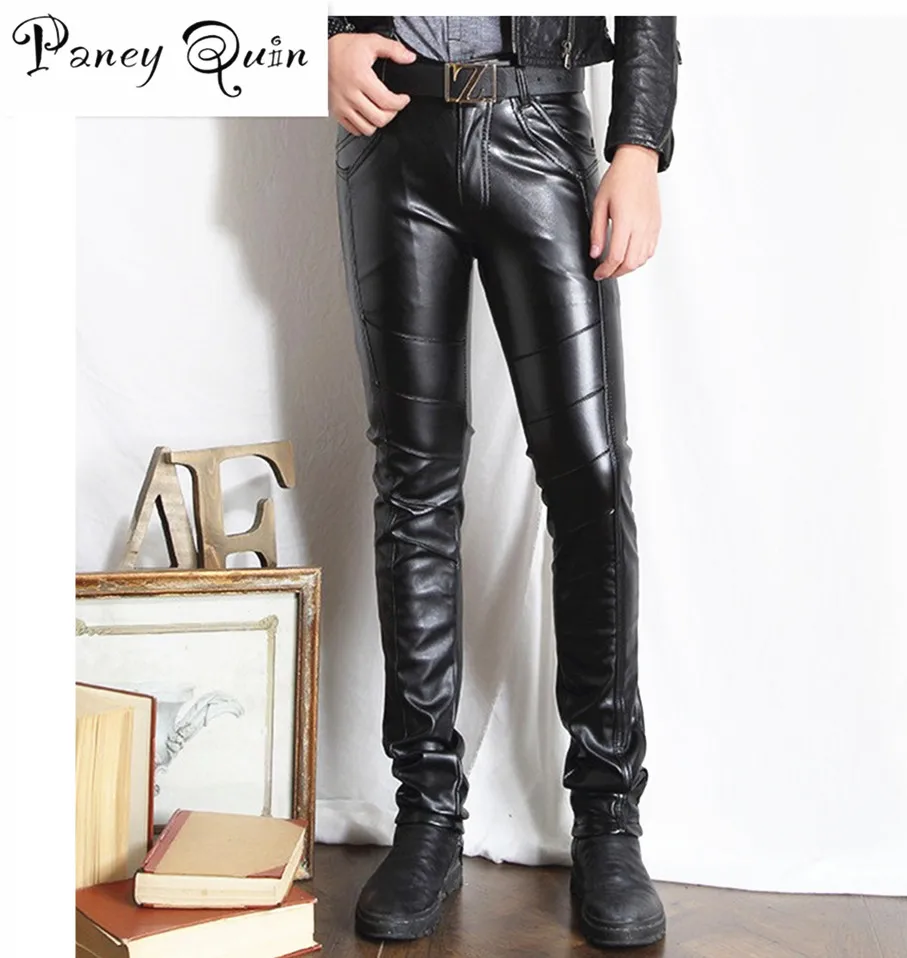 Mens winter Leather Pants men pants Faux Leather Pu sexy Black Color Motorcycle Skinny Faux Leather Pants For Men's trousers
