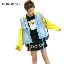 Женские повседневные весенне-осенние свободные хлопковые потертые пустое отверстие пальто Женская лента с буквами Capuz уличный стиль деним куртки JQ118