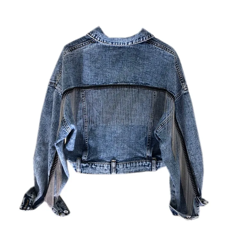 Fashion heavy duty tassel small chain wash short jacket denim women's jacket Autumn bat short sleeve jeans jacket woman