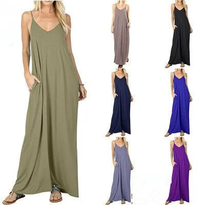

Women Solid Long Beach Maxi Boho Dresses Summer Casual Spaghetti Strap Dress with tank top in pocket