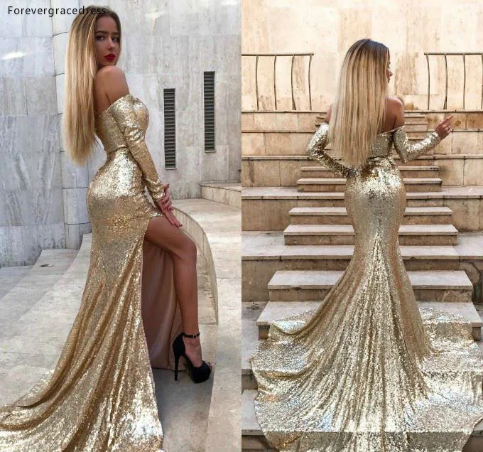 2019 Gold Sequins Mermaid Evening Dresses Side Split Elegant Off Shoulder Long Sleeves Prom Dresses Longue Vestidos de fiesta  115 (2)