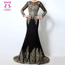Corzzet Longue Robe De Soriee Real Dubai Kaftan Negro Manga Larga de La Sirena 2016 Vestidos de Noche Formales de China