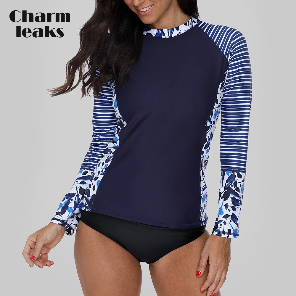Charmleaks Long Sleeve Women Rashguard Swimwear Stripe Floral Print