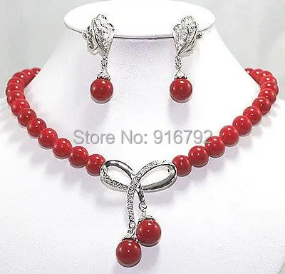 

HYFY20143236e>>>Inlay Crystal bow red shell pearl pendant necklace earrings set