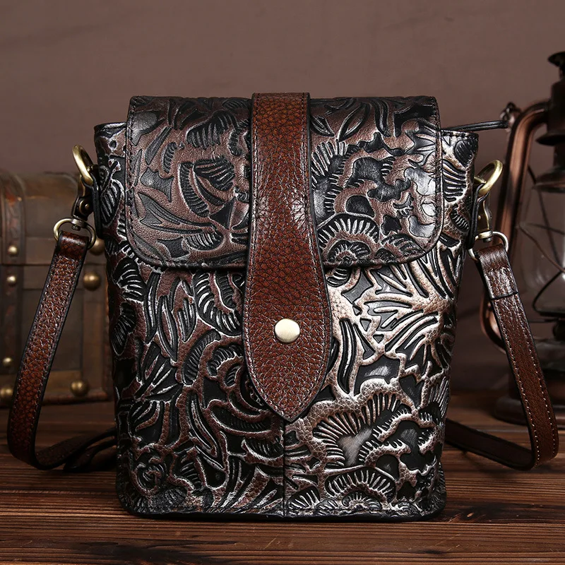 

Vintage Genuine Leather Women's Handbag Casual Ladies' Shoulder Handmade Messenger Bags For Female Embossed Small Bags LS9506