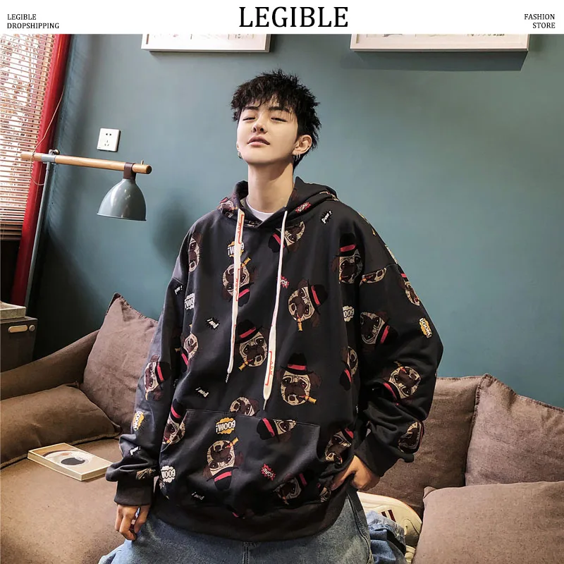 

LEGIBLE Men Streetwear Hooded Hoodies 2019 Mens Hip Hop Oversized Dog Sweatshirts Male Spring Korean Loose White Hoodie