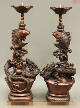 

Free shipping S00180 16" Chinese Bronze Auspicious Wealth YuanBao Dragon Fish Statue Candle Holder
