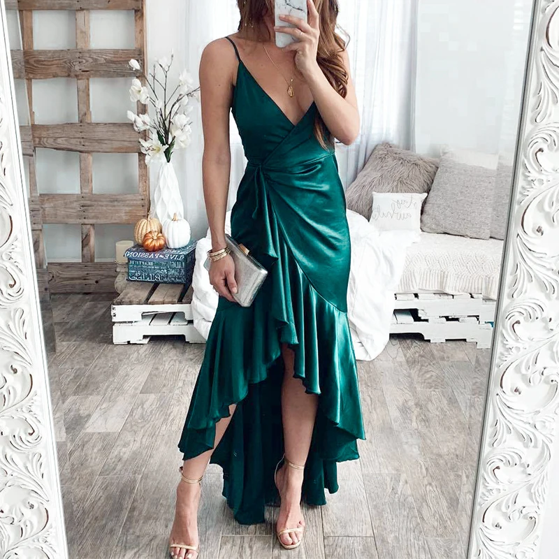 

Spaghetti strap ruffle sexy long dress women Wrap sashes satin summer plus size red dress Vintage mermaid party dress festa 2019
