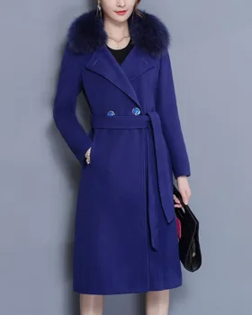 

Hitmebox 2019 Autumn Winter Women's Medium-long Slim Fit Woolen Blend Double Breasted Elegant Thick Furs Collar Trench Coats