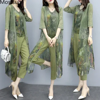 

Summer Green Chiffon Printed 3 Piece Sets Women Plus Size Vest+cardigan+cropped Pants Suits Elegant Korean Womens Sets Femme